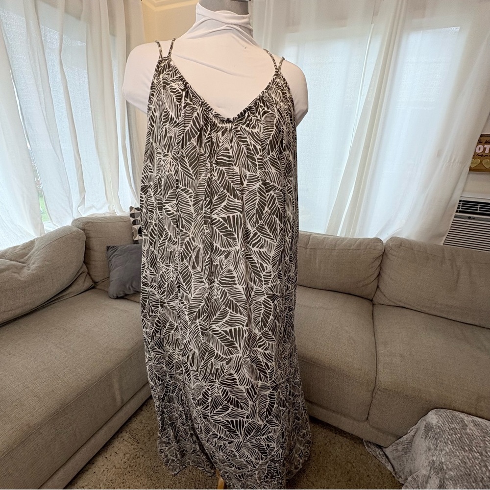 RVCA Blackish Brown cream high slits in front Leaf Strapy Print Maxi Dress